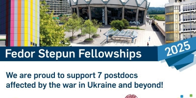 Advertising graphic for the Fedor Stepún Fellowships 2025 at Ruhr University Bochum. University buildings and the Audimax lecture hall can be seen in the background. The text reads: “Fedor Stepun Fellowships 2025 – We are proud to support 7 postdocs affected by the war in Ukraine and beyond!”. Logos of the RUB Research School, UA Ruhr Liaison Office Eastern Europe and Central Asia, Zimin Foundation and Osteuropa Kolleg NRW are shown.